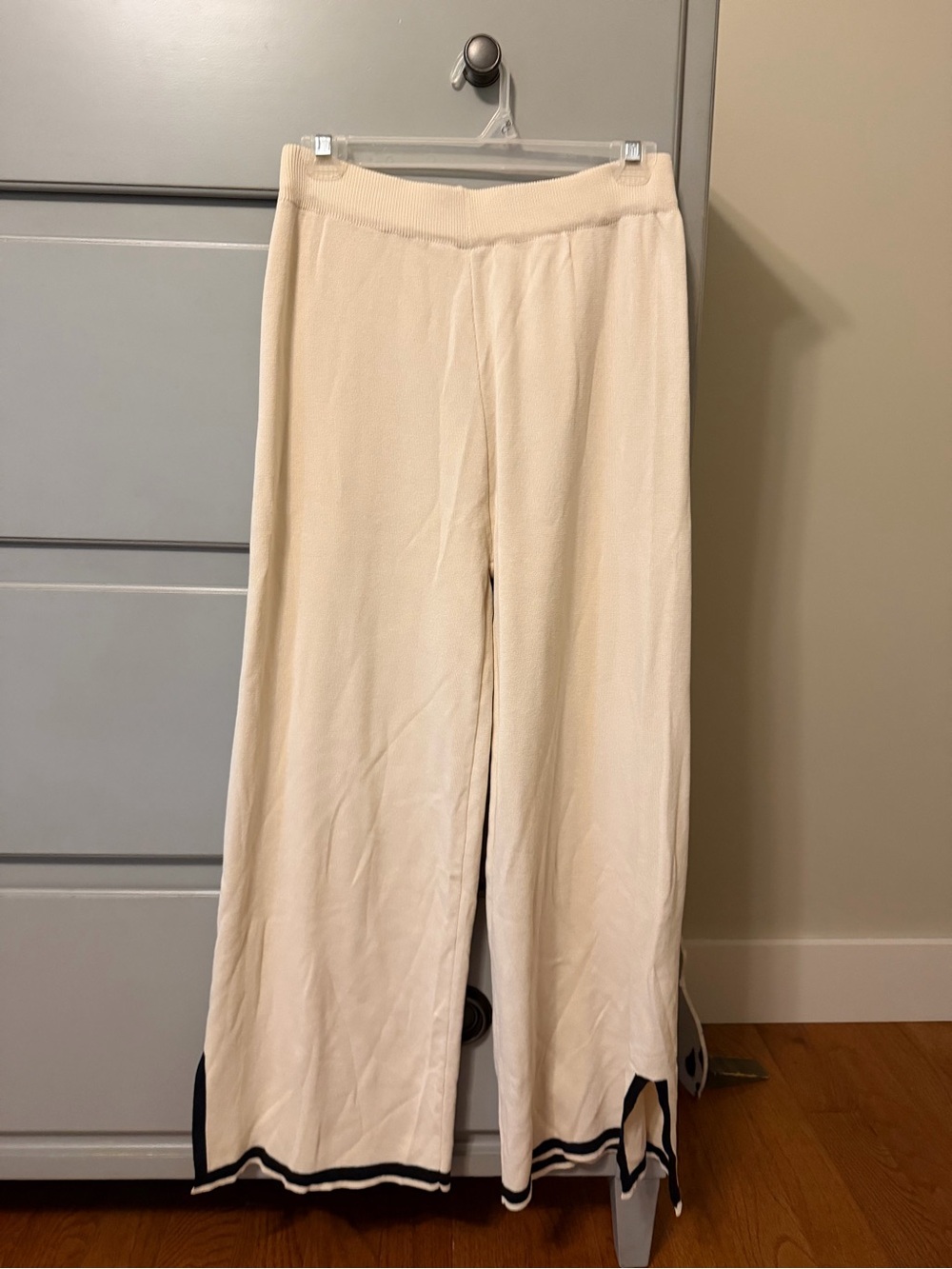 Cream Wide-Leg Knit Pants with Contrast Trim